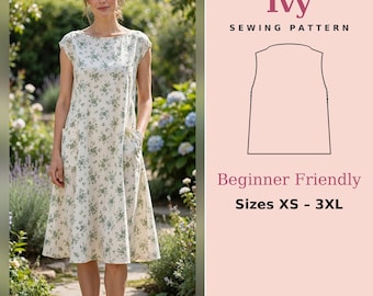 May include: A sleeveless dress with a cream base and small green floral print, featuring side pockets and a round neckline. The text reads Ivy Sewing Pattern, Beginner Friendly, Sizes XS - 3XL, and RSDigiCraft.