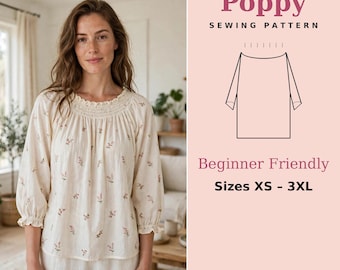 May include: A cream-coloured blouse with a small floral print, featuring a gathered neckline and three-quarter sleeves with ruffled cuffs. The text reads Poppy Sewing Pattern, Beginner Friendly, Sizes XS - 3XL, and RSDigiCraft.