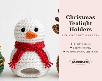 May include: A white crocheted snowman tealight holder with a bright orange nose, black eyes, and a red scarf. The text reads: Christmas Tealight Holders, PDF CROCHET PATTERN, 3 Festive Covers, Beginner Friendly, US Terms, Step-by-Step Photos, RSDigiCraft.
