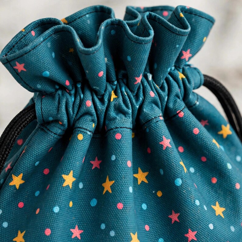May include: A teal drawstring pouch featuring a repeating pattern of small yellow stars, pink stars, and light blue dots. The fabric bag has a gathered top edge with a black cord threaded through to cinch the opening closed securely.