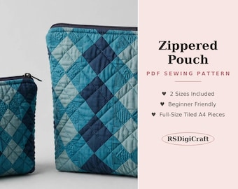 May include: Two quilted zippered pouches in shades of blue with a diamond pattern. Text reads: Zippered Pouch PDF SEWING PATTERN, 2 Sizes Included, Beginner Friendly, Full-Size Tiled A4 Pieces, and the brand name RSDigiCraft.