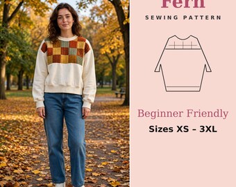 May include: A Fern sewing pattern for a long-sleeve sweatshirt with a checkered chest panel. The graphic includes a line drawing of the garment, the text "Fern SEWING PATTERN", "Beginner Friendly", "Sizes XS - 3XL", and "RSDigiCraft".