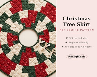 May include: A circular quilted Christmas tree skirt featuring a geometric pattern in red, dark green, and cream with gold star accents. The skirt has a centre opening and three white ribbon ties. Text reads: Christmas Tree Skirt PDF SEWING PATTERN.