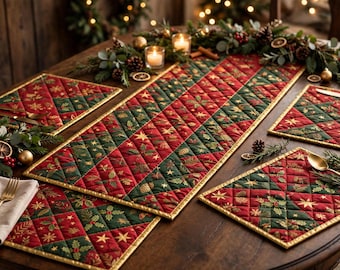 May include: A quilted table runner and four matching placemats featuring a diagonal pattern of red and dark green fabric. The textile is decorated with gold-coloured prints of holly leaves, berries, pinecones, and stars with gold trim.