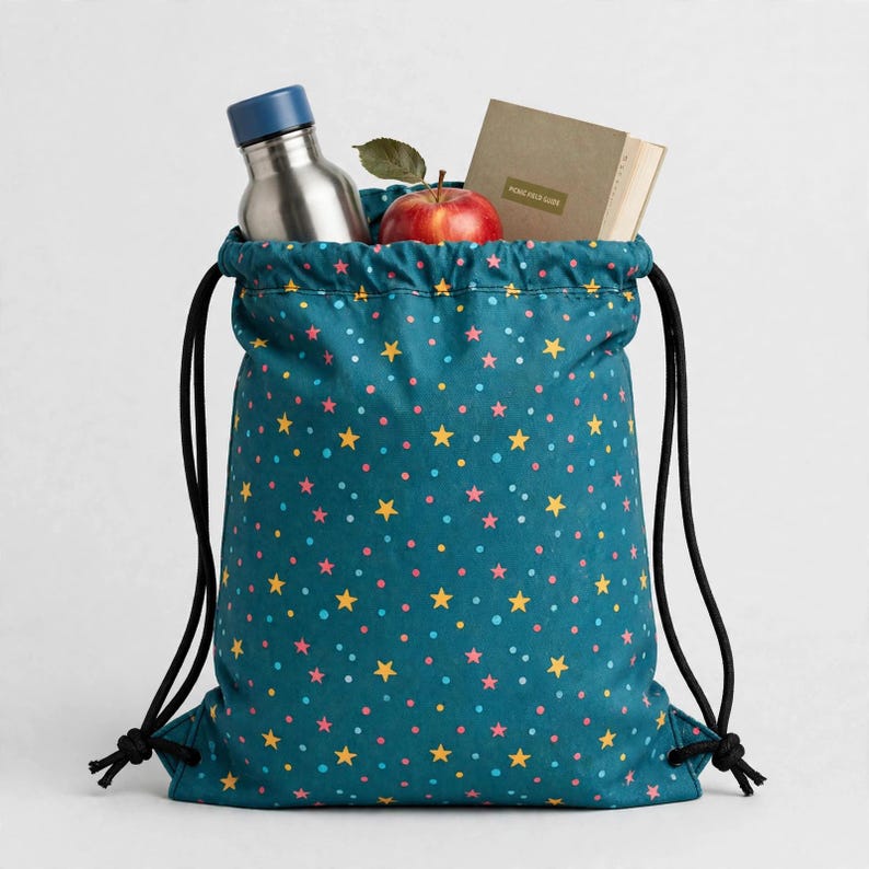 May include: A teal drawstring backpack featuring a pattern of small yellow stars and pink and blue dots. Inside the bag are a silver metal water bottle with a blue cap, a red apple, and a small tan notebook with the text Picnic Field Guide.