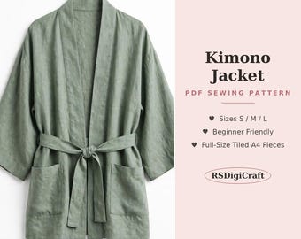 May include: A sage green kimono jacket with wide sleeves, a tie waist belt, and two front pockets. The text reads: Kimono Jacket, PDF SEWING PATTERN, Sizes S / M / L, Beginner Friendly, Full-Size Tiled A4 Pieces, and RSDigiCraft.