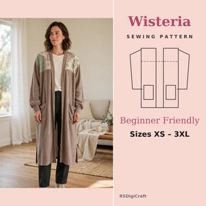 Patrón de costura de cárdigan largo con canesú y patchwork de glicinias / Ideal para principiantes / Tallas XS-3XL