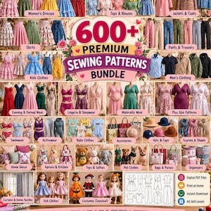 Può includere: Un pacchetto digitale di oltre 600 cartamodelli premium che include diverse categorie come abiti, giacche, pantaloni, abbigliamento per bambini, lingerie, costumi da bagno, decorazioni per la casa e vestiti per bambole con esempi visivi e icone.