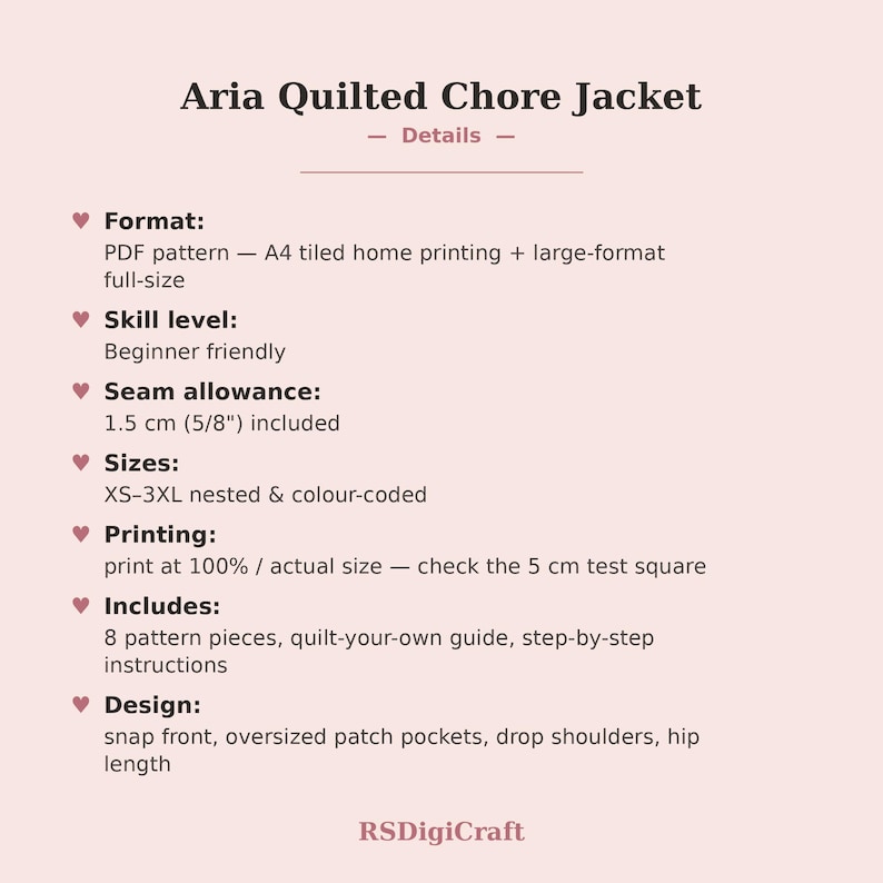 Op de afbeelding: Een digitaal PDF-naaipatroon voor de Aria Quilted Chore Jacket. Kenmerken zijn een drukknoopsluiting, oversized opgestikte zakken, verlaagde schouders en heuplengte. Inclusief 8 patroondelen, een quiltgids en instructies met 1,5 cm naadtoeslag.