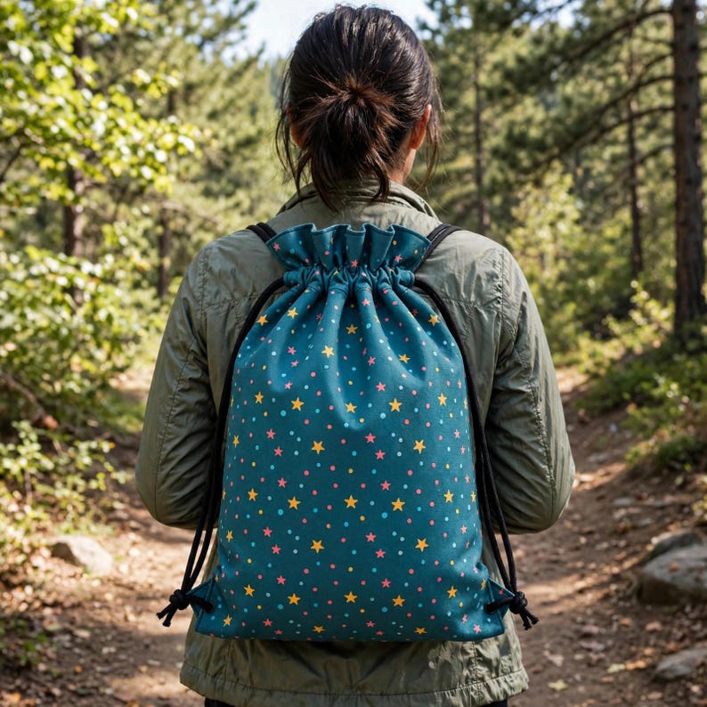 May include: A teal drawstring backpack featuring a repeating pattern of small yellow and pink stars interspersed with tiny dots. The bag has a gathered top closure secured by black cord straps that extend down the sides of the fabric body.