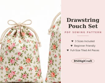 May include: A Drawstring Pouch Set PDF sewing pattern featuring two pouches with a cream background and a pink and orange rose floral print. The text reads Drawstring Pouch Set, PDF SEWING PATTERN, 3 Sizes Included, Beginner Friendly, Full-Size Tiled A4 Pieces, and RSDigiCraft.