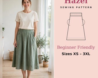 May include: A sewing pattern titled Hazel featuring a line drawing of a skirt with an elastic waistband and side pockets. The text includes Sewing Pattern, Beginner Friendly, Sizes XS - 3XL, and RSDigiCraft on a light pink background.