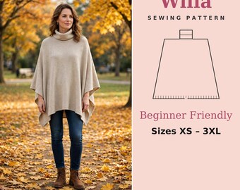 Willa Turtleneck Poncho Sewing Pattern | Beginner Friendly Poncho | Sizes XS-3XL