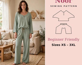 May include: Noor sewing pattern for a sage green long-sleeve top with a button placket and matching wide-leg trousers with a drawstring waist. The graphic includes line drawings of the garments, the text Beginner Friendly, and Sizes XS - 3XL.
