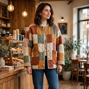 Op de afbeelding: Een gewatteerd patchwork jack met een ruitpatroon in gedempte aardetinten zoals mosterdgeel, saliegroen, terracotta en cr&egrave;me. Het jack heeft een kraagloze ronde halslijn, lange mouwen, drukknopen aan de voorzijde en twee grote opgestikte zakken.
