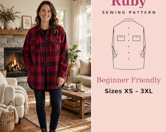 May include: Ruby sewing pattern for a button-down shirt with two chest pockets and long sleeves. The graphic shows a technical line drawing of the shirt design. Text includes Ruby Sewing Pattern, Beginner Friendly, Sizes XS - 3XL, and RSDigiCraft.