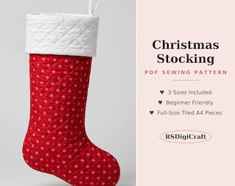 May include: A red quilted Christmas stocking with a white cuff and small white snowflake patterns. The text reads: Christmas Stocking, PDF SEWING PATTERN, 3 Sizes Included, Beginner Friendly, Full-Size Tiled A4 Pieces, RSDigiCraft.