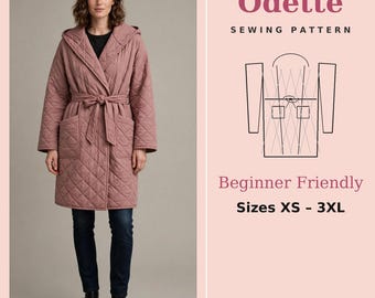 Odette Quilted Hooded Wrap Coat Sewing Pattern | Beginner Friendly Quilted Coat | Sizes XS-3XL