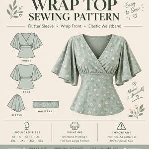 Op de afbeelding: Een naaipatroon voor een overslagtop met vlindermouwen en een elastische tailleband. De tekst luidt WRAP TOP SEWING PATTERN, Flutter Sleeve, Wrap Front, Elastic Waistband, Make it Yourself, INCLUDED SIZES XS-5XL, PRINTING A4 en IMPORTANT.