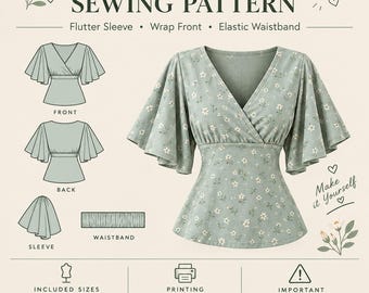 May include: A sewing pattern for a wrap top with flutter sleeves and an elastic waistband. The text reads WRAP TOP SEWING PATTERN, Flutter Sleeve, Wrap Front, Elastic Waistband, Make it Yourself, INCLUDED SIZES XS-5XL, PRINTING A4, and IMPORTANT.