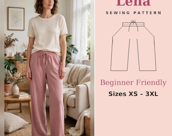 May include: A sewing pattern titled Lena featuring a line drawing of wide-leg trousers with a drawstring waist. The text includes Sewing Pattern, Beginner Friendly, Sizes XS - 3XL, and RSDigiCraft. The trousers are dusty rose with a drawstring.