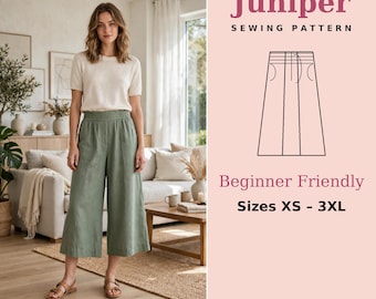 Juniper Elastic Waist Culottes Sewing Pattern | Beginner Friendly Wide Leg Pants | Sizes XS-3XL