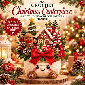 Könnte beinhalten: Eine digitale Häkelanleitung als PDF mit dem Titel CROCHET Christmas Centerpiece A COZY HOLIDAY DECOR PATTERN. Das Bild zeigt ein gehäkeltes Arrangement mit einem Lebkuchenhaus, einer Lebkuchenfigur, einem Baum und Zuckerstangen in einer Schale.