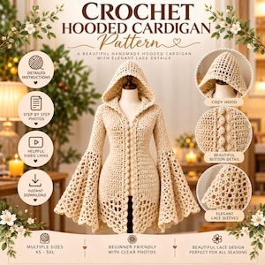 Może przedstawiać: Beżowy wzór szydełkowy na kardigan z kapturem, z koronkowymi rękawami typu dzwon, zapięciem na guziki i kapturem. Tekst zawiera CROCHET HOODED CARDIGAN Pattern, szczegółowe instrukcje, zdjęcia krok po kroku, linki wideo oraz rozmiary XS-5XL.