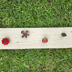 May include: A rustic, white-painted wooden board with four decorative knobs. The knobs are in various styles, including a red flower, a brown flower, a colorful round knob, and a small, textured knob. The board is set against a background of green grass.