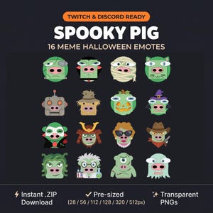 May include: A digital collection of 16 Spooky Pig meme Halloween emotes for Twitch and Discord. The set features green pig characters dressed in various costumes including a mummy, robot, pumpkin, vampire, samurai, and ghost with the text BOO.