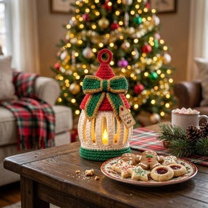 May include: A crocheted lantern in red, green, and cream with a pointed top, a large bow, and a small wooden tag labeled Warm Wishes. The lantern features a glowing light inside and sits on a wooden table next to a plate of assorted cookies.