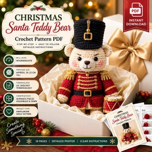 Puede incluir: Un patrón de ganchillo en PDF para un osito de peluche navideño vestido de soldado cascanueces. El oso lleva un sombrero negro, una chaqueta roja con adornos dorados y sostiene un pequeño tambor. El patrón incluye 18 páginas de fotos.