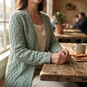 May include: A sage green open-front cardigan featuring a textured honeycomb stitch pattern throughout the sleeves and body, with a smooth, solid-knit border along the front opening and cuffs, worn over a simple, light-colored base layer.
