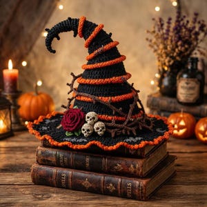 May include: A crocheted witch hat in black and orange, featuring a spiraling orange yarn accent, a dark brown twig-like trim, a single red rose, and three small skulls. The hat has a wide, wavy brim with small bat motifs along the edge.