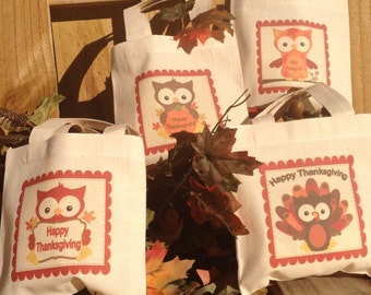 Thanksgiving Owls Treat Favor Bags Mini Cotton Totes Children Kids Guests Thanksgiving Favor Treat Gift Bags - Set of 4