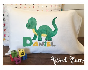 Personalized Green Dinosaur on White Toddler Travel Pillowcase Soft 100% Cotton Flour Sack Fabric Boy Girl Dinosaur Pillow