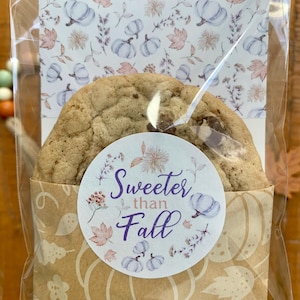 May include: A large chocolate chip cookie in a clear cellophane bag. The cookie is nestled in a decorative paper sleeve with a pumpkin and leaf pattern. A round sticker with the text "Sweeter than Fall" is on the front.