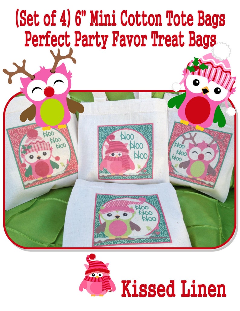 Pink Christmas Owls Treat Favor Bags Mini Cotton Totes Children Kids Guests Christmas Favor Treat Gift Bags Set of 4