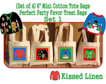 Ugly Christmas Sweater Party Treat Favor Gift Bags Small Mini Cotton Totes Perfect for Adults Kids Children Bags - Sets of 4 or 8