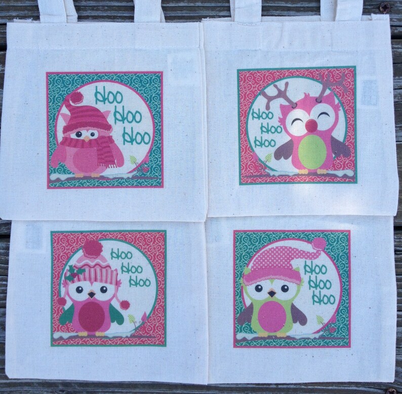 Pink Christmas Owls Treat Favor Bags Mini Cotton Totes Children Kids Guests Christmas Favor Treat Gift Bags Set of 4