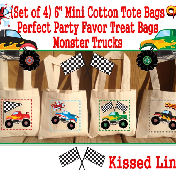 Monster Trucks Treat Favor Bags Cotton Totes Children Kids Guests Monster Trucks Favor Treat Gift Bags - Set of 4