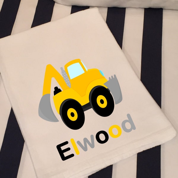 Personalized Construction Truck Backhoe White Flour Sack Hand Towel Little Boys Construction Truck Bathroom Hand Towel Birthday Party Favors