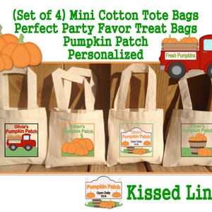 May include: Set of four mini cotton tote bags with personalized pumpkin patch designs. The bags feature a red truck, pumpkins, and the text "Olivia's Pumpkin Patch" and "Ethan's Pumpkin Patch".