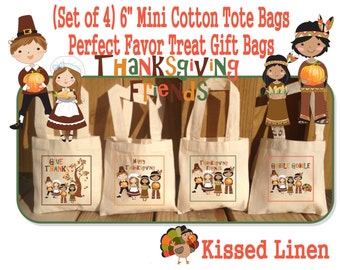 Thanksgiving Favor Bags Friends Pilgrims Indians Turkey Treat Favor Bags Cotton Mini Totes Children Kids Guests Favor Treat Gift Bags