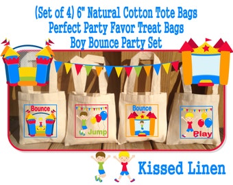 Fun Bounce House Jump Play Birthday Party Treat Favor Gift Bags Mini Cotton Totes Children Kids Girls Boys -  Set of 4
