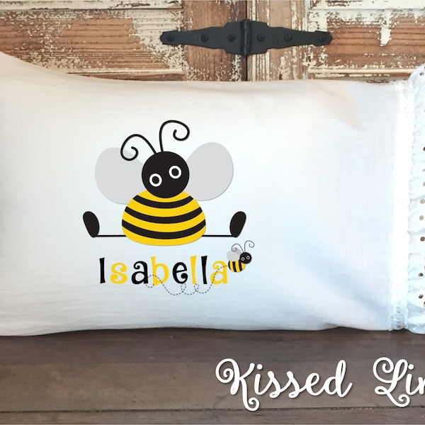 Personalized Cute Bumblebee on White Toddler Travel Pillowcase Soft 100% Cotton Flour Sack Fabric -Choice of Edging (Hemmed or Ruffled Lace)