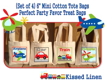 Transportation Plane Car Helicopter Train Birthday Party Treat Favor Gift Bags Mini Cotton Totes Children Kids - Sets of 4