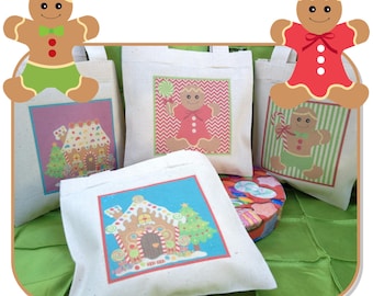 Christmas Gingerbread House Man Baking Party Treat Favor Gift Bags Mini Cotton Totes Children Kids Guests Gift Bags - Set of 4