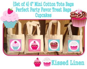 Cupcake Birthday Party Treat Favor Gift Bags Totes Children Kids Girls Boys Birthday Party Baby Shower Set of 4