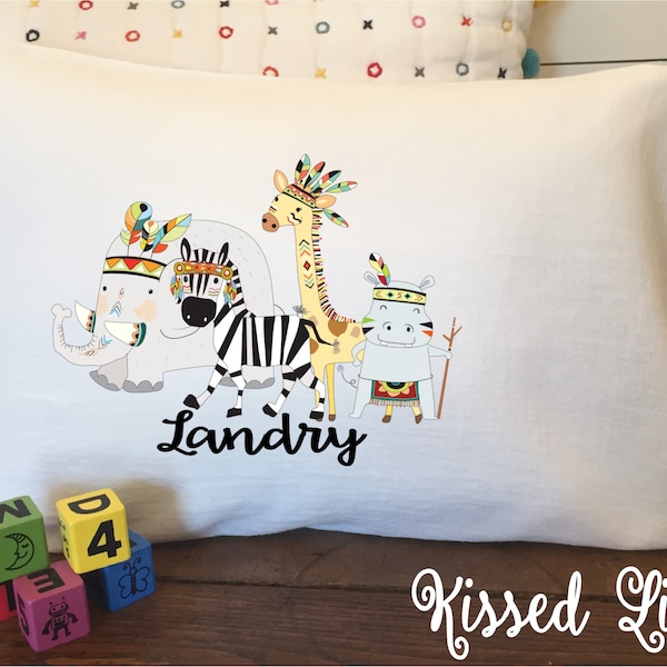 Personalized Tribal Jungle Safari Animals on White Toddler Travel Pillowcase Soft 100% Cotton Flour Sack Fabric Giraffe Elephant Zebra Hippo